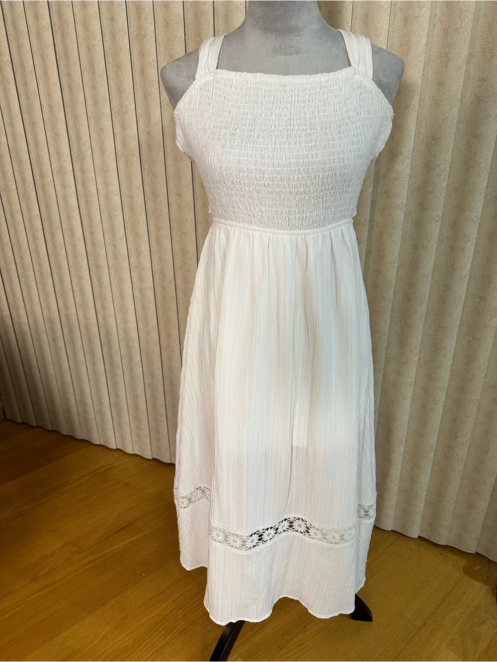 SHEIN Women's White Smocked Sundress with Lace Trim